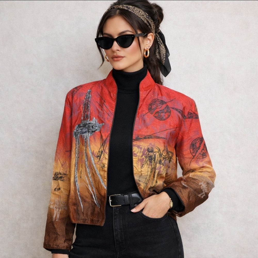 Avant Garde Silk Blazer Ombre Abstract Animal Print 90s Jacket Sz L